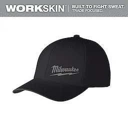 WORKSKIN Performance Fitted Hat is black with a grey "Milwaukee" logo in the front. Top text: "Built to Fight Sweat. Trade Focused."