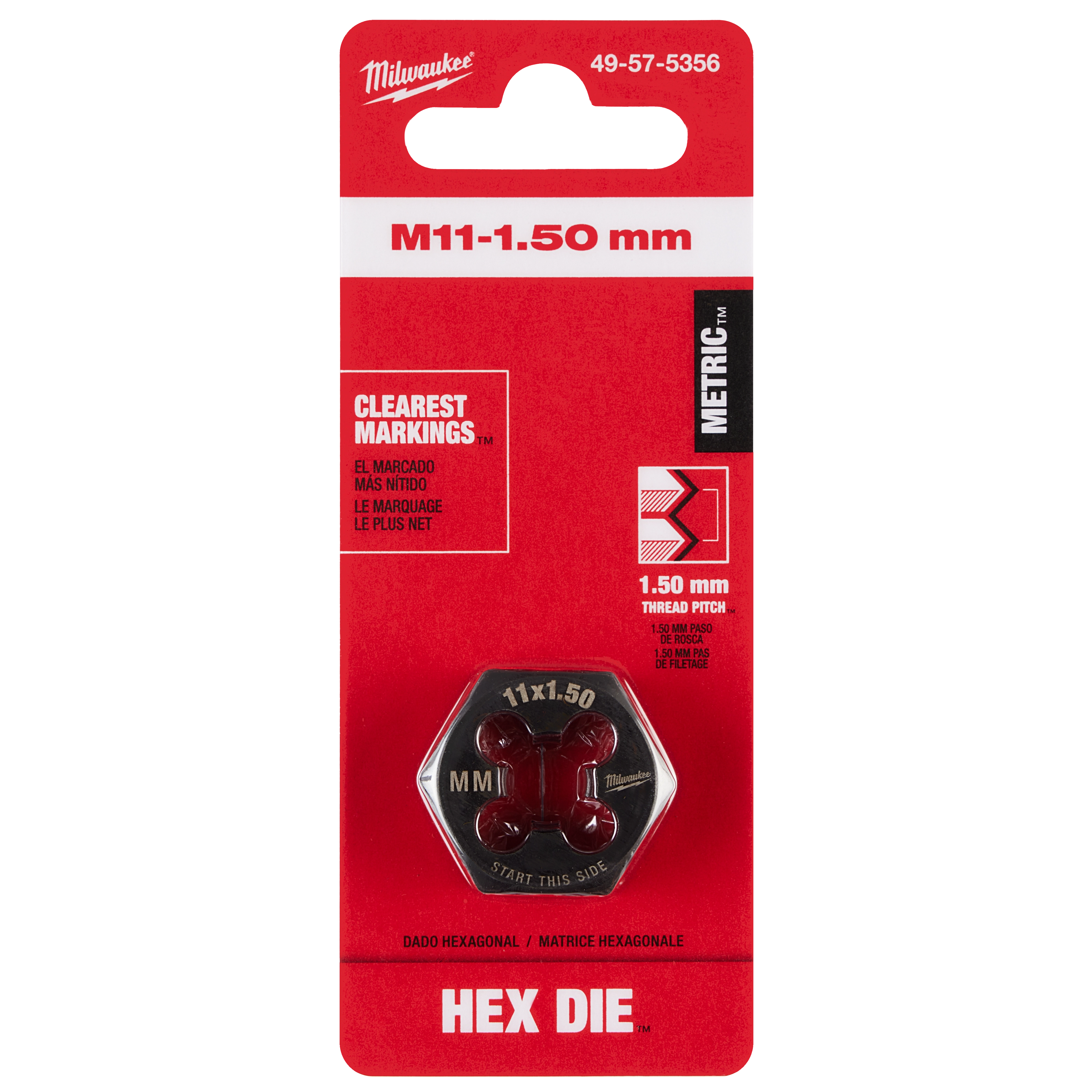Red and black packaging of the M11-1.50mm 1-Inch Hex Threading Die with "Clearest Markings" and "Metric" labels.