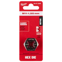 Red and black packaging of the M11-1.50mm 1-Inch Hex Threading Die with "Clearest Markings" and "Metric" labels.