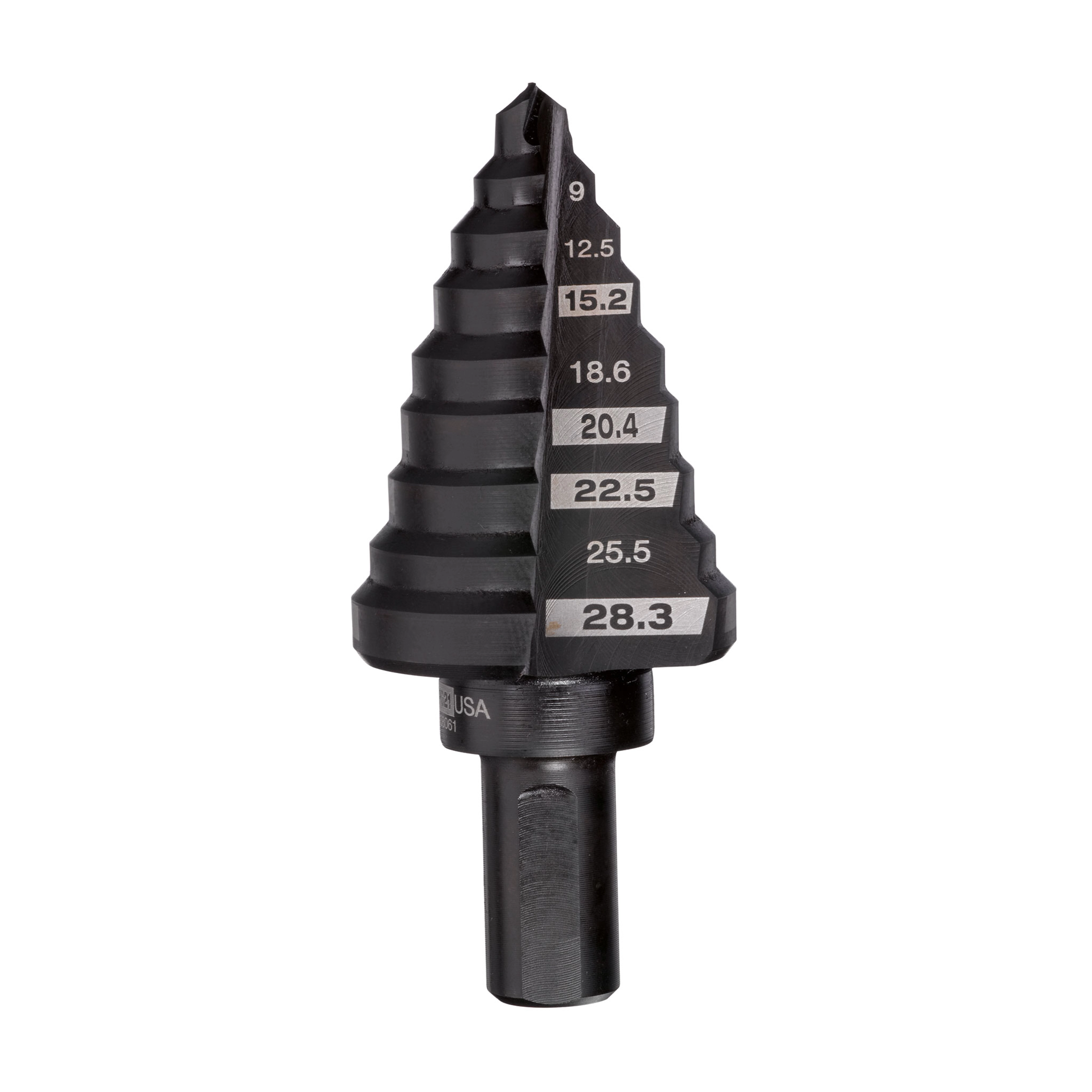 Step Drill Bits Metric PG7-PG21 (28mm) with multiple stepped cutting edges, shown in black with size markings ranging from 9mm to 28.3mm. Designed for creating different hole sizes in a single piece of equipment. Suitable for use with a power drill.