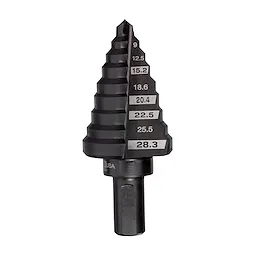 Step Drill Bits Metric PG7-PG21 (28mm) with multiple stepped cutting edges, shown in black with size markings ranging from 9mm to 28.3mm. Designed for creating different hole sizes in a single piece of equipment. Suitable for use with a power drill.