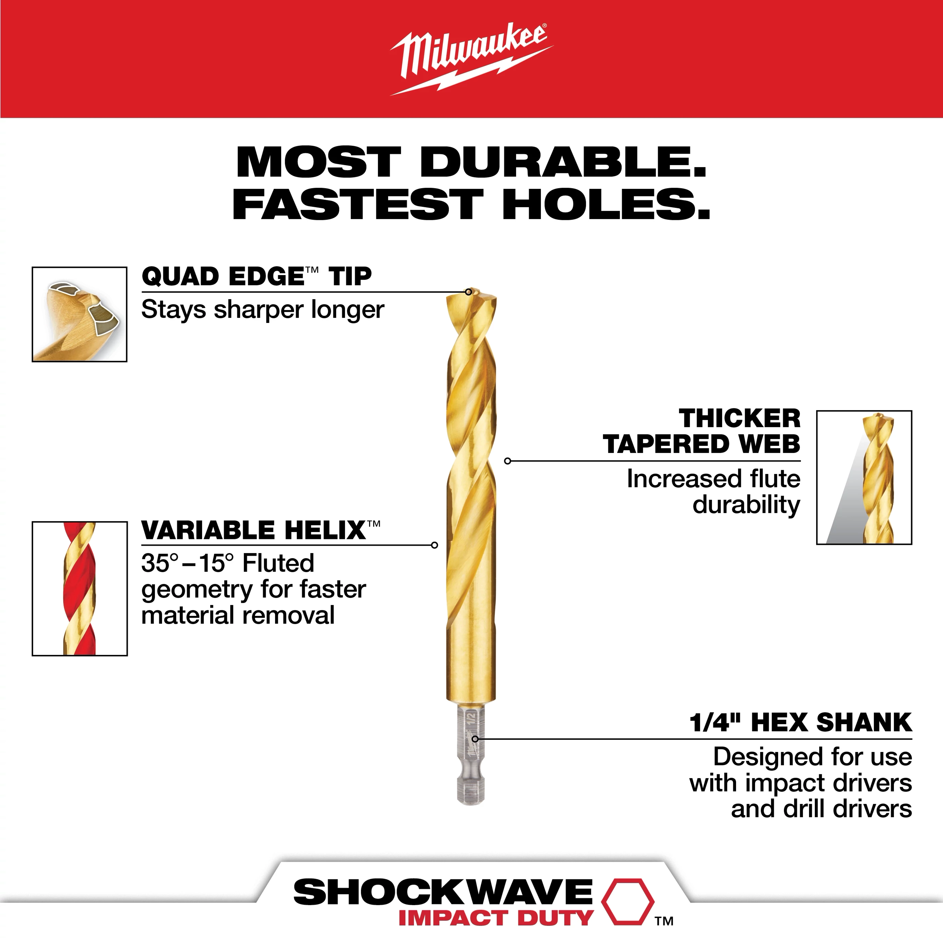 The Walkaround Red Helix drill bit features a quad-edge tip for extended sharpness, a thicker tapered web for durability, and a variable helix for faster material removal. The bit has a 1/4" hex shank designed for use with impact drivers and drill drivers.