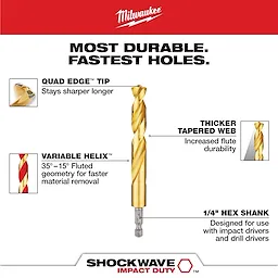 The Walkaround Red Helix drill bit features a quad-edge tip for extended sharpness, a thicker tapered web for durability, and a variable helix for faster material removal. The bit has a 1/4" hex shank designed for use with impact drivers and drill drivers.