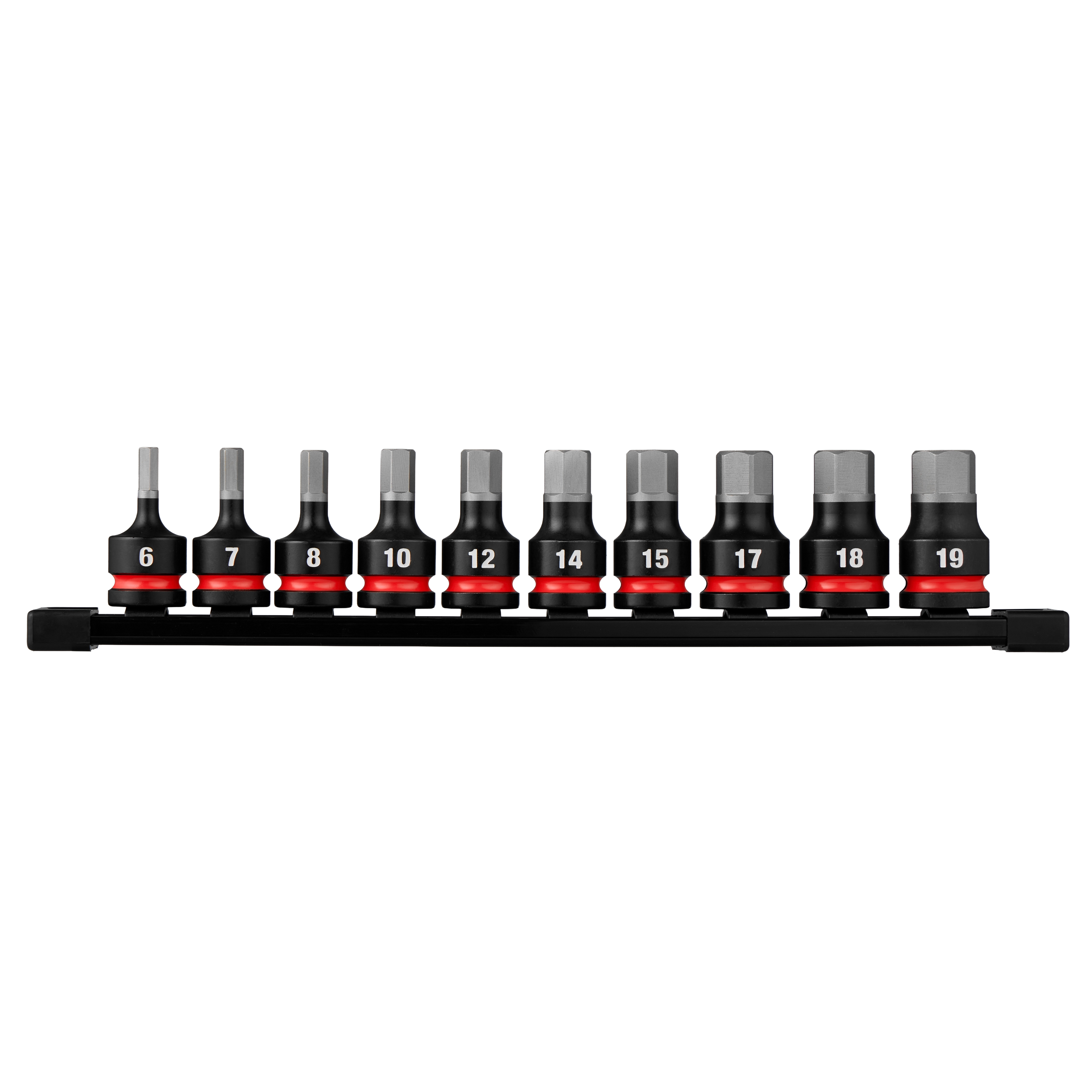 20PC SHOCKWAVE Impact Duty 1/2" Drive 2" Hex SAE/Metric Bit Socket Set arranged on a rail with labeled sizes.