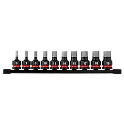 20PC SHOCKWAVE Impact Duty 1/2" Drive 2" Hex SAE/Metric Bit Socket Set arranged on a rail with labeled sizes.