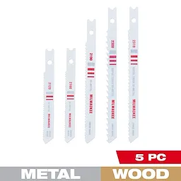 5 Pc U-Shank Bi-Metal Jig Saw Blade Set includes five blades of different sizes designed for cutting metal and wood.