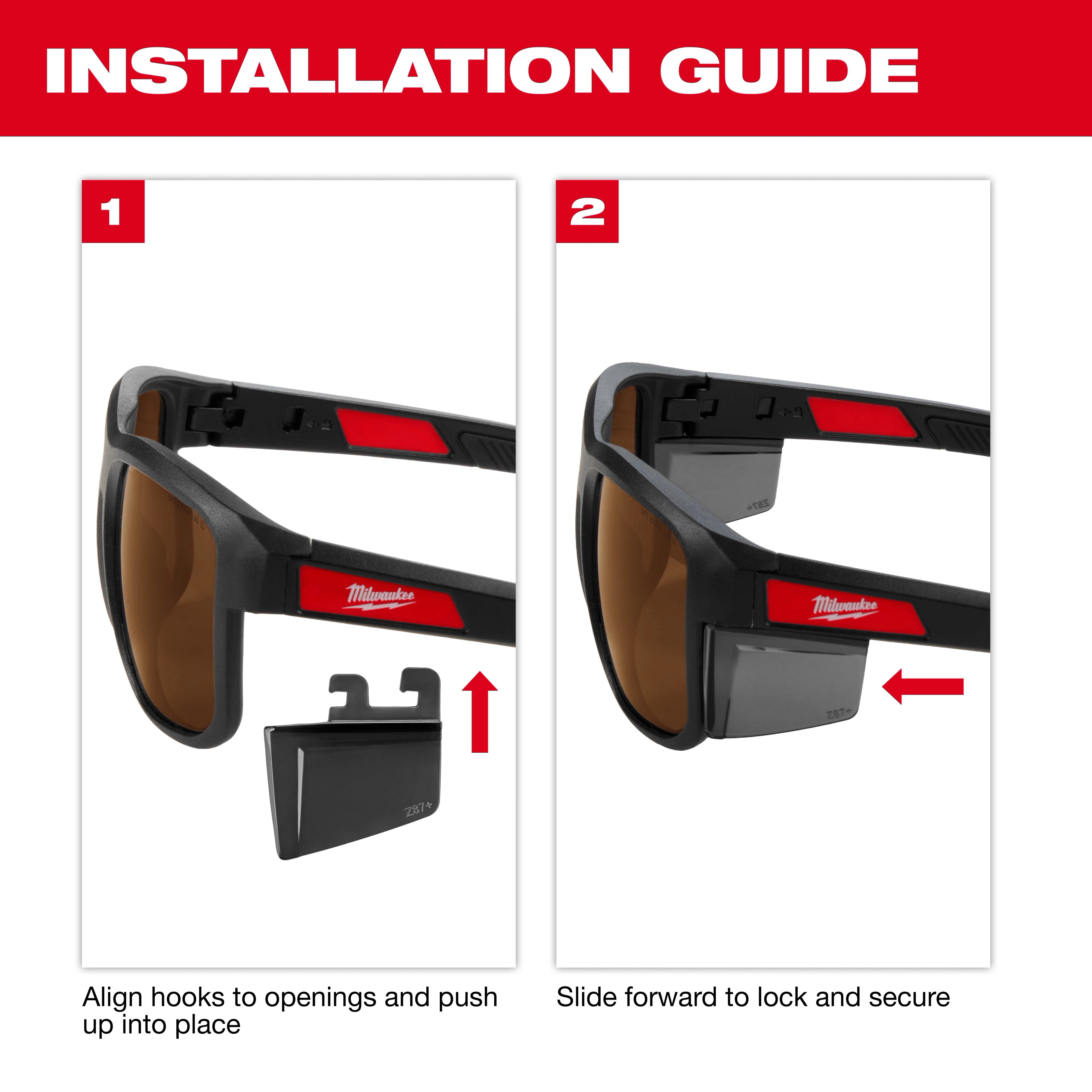 The Milwaukee Safety Glasses installation guide shows two steps: first, aligning hooks to openings and pushing up into place; second, sliding the attachment forward to lock and secure removable side shields.