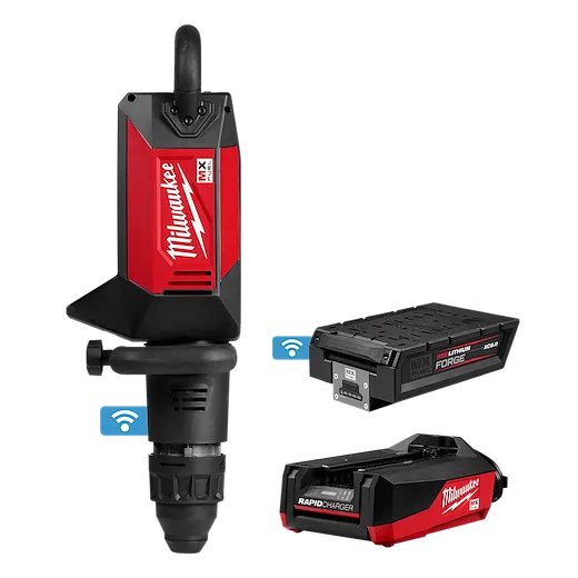 The MX FUEL 27 lb SDS MAX Demolition Hammer, shown with its red and black design, includes a battery pack and rapid charger.