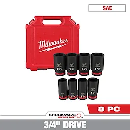 SHOCKWAVE 3/4 in. Drive SAE Deep Well Impact 6 Point Impact Socket Set (8-Piece) includes eight black sockets with varying sizes. The set comes with a red Milwaukee storage case. Each socket has size markings and is designed for heavy-duty impact use. Suitable for professional mechanics.