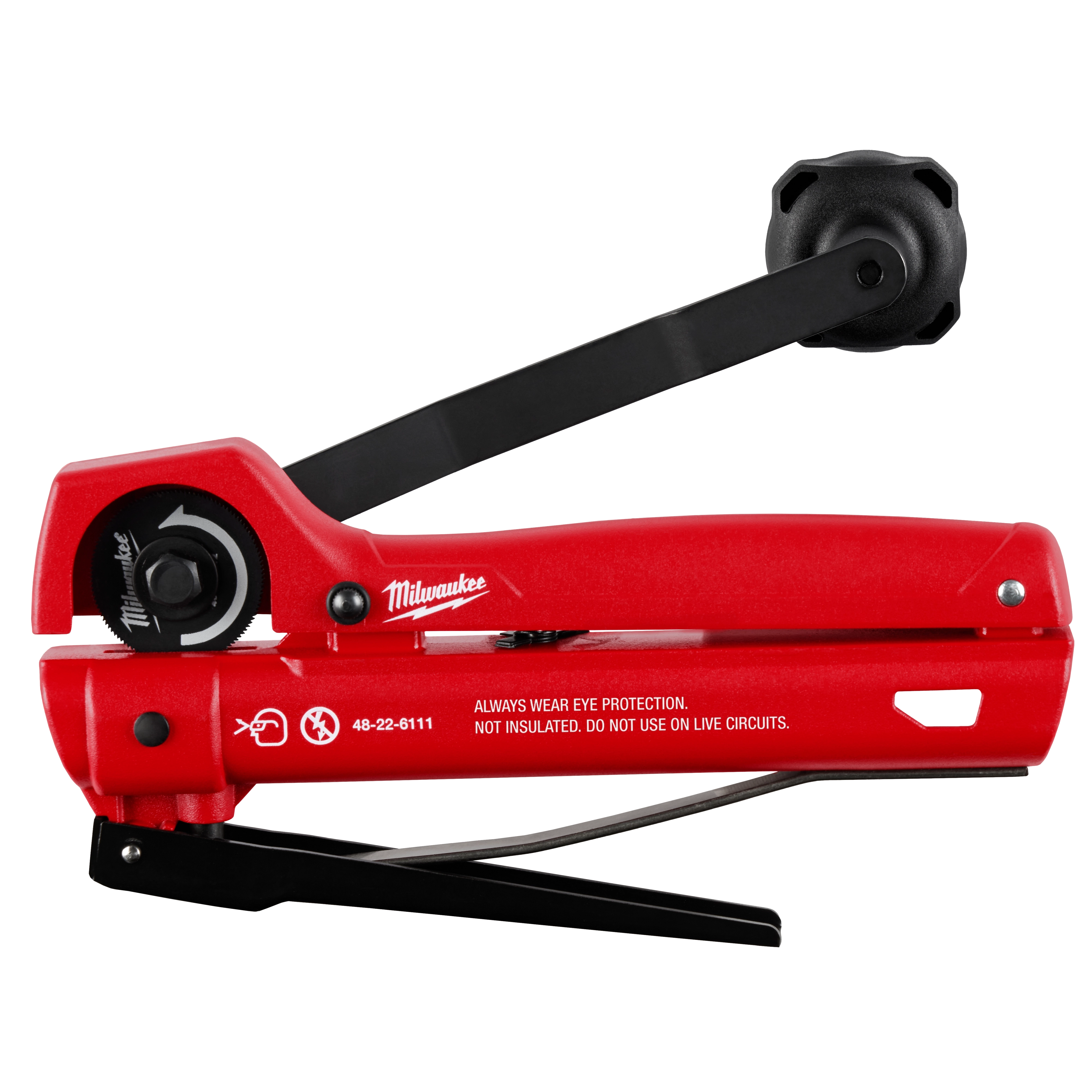 Red Armored Cable Cutter with black cutting wheel, lever, and handle. Safety instructions and product information are printed in white.