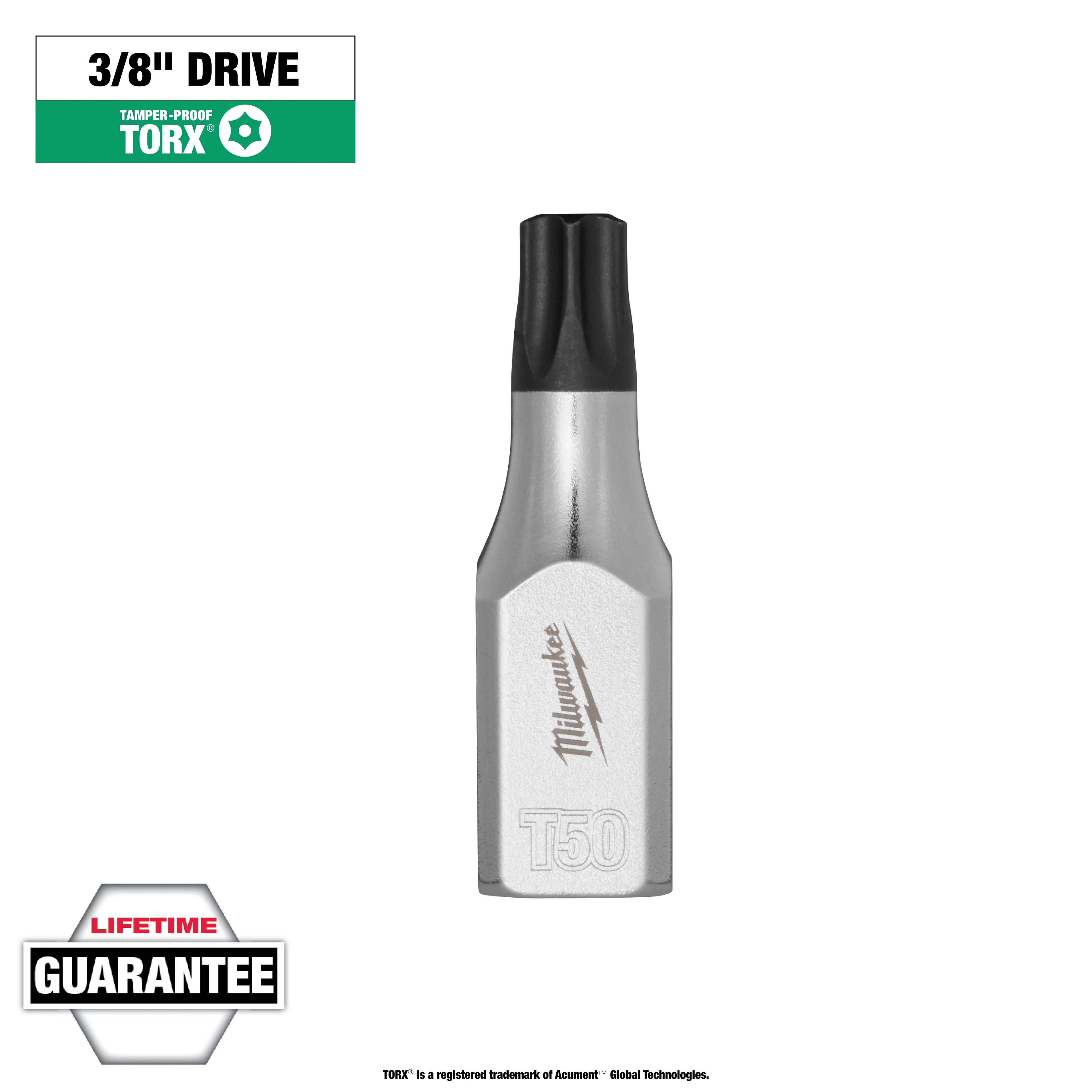 1/4" Drive T50 Tamper Proof TORX Bit Socket with a silver body, black tip, and lifetime guarantee.