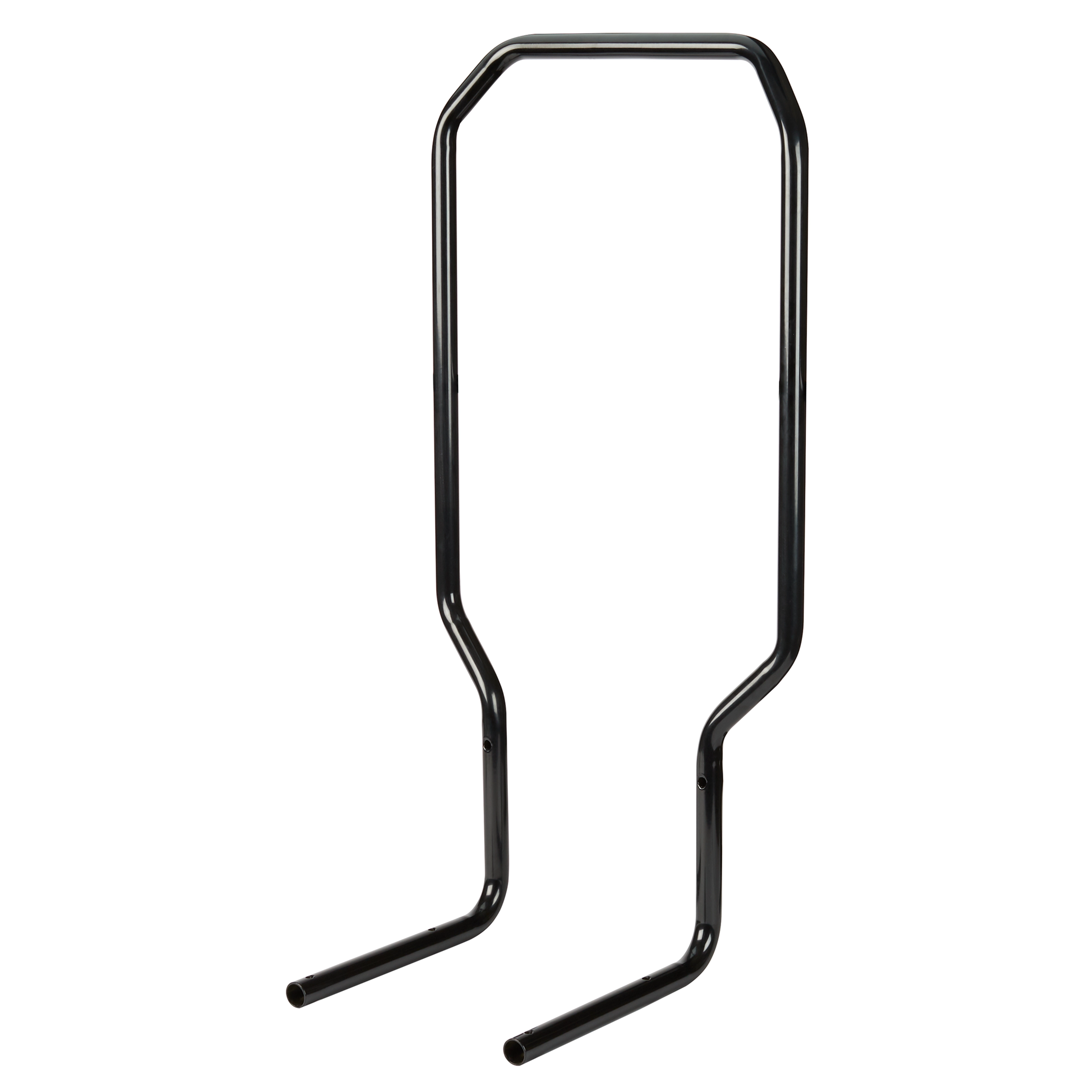 Black metal Trolley%20handle features a rectangular design with curved corners and two horizontal extensions at the bottom.