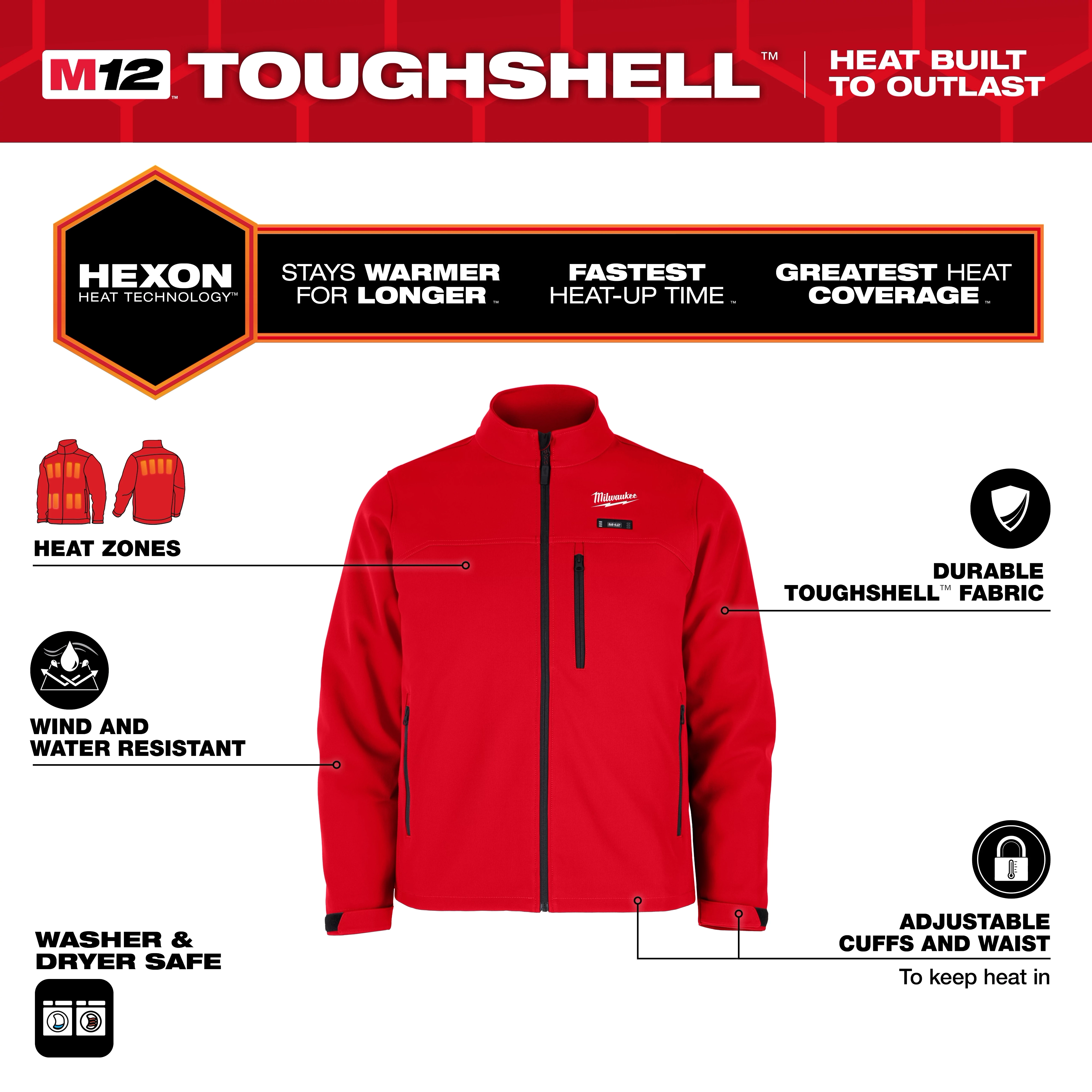 M12 Heated TOUGHSHELL Jacket in red with HEXON heat technology, showing heat zones, wind and water resistance, and adjustable cuffs.