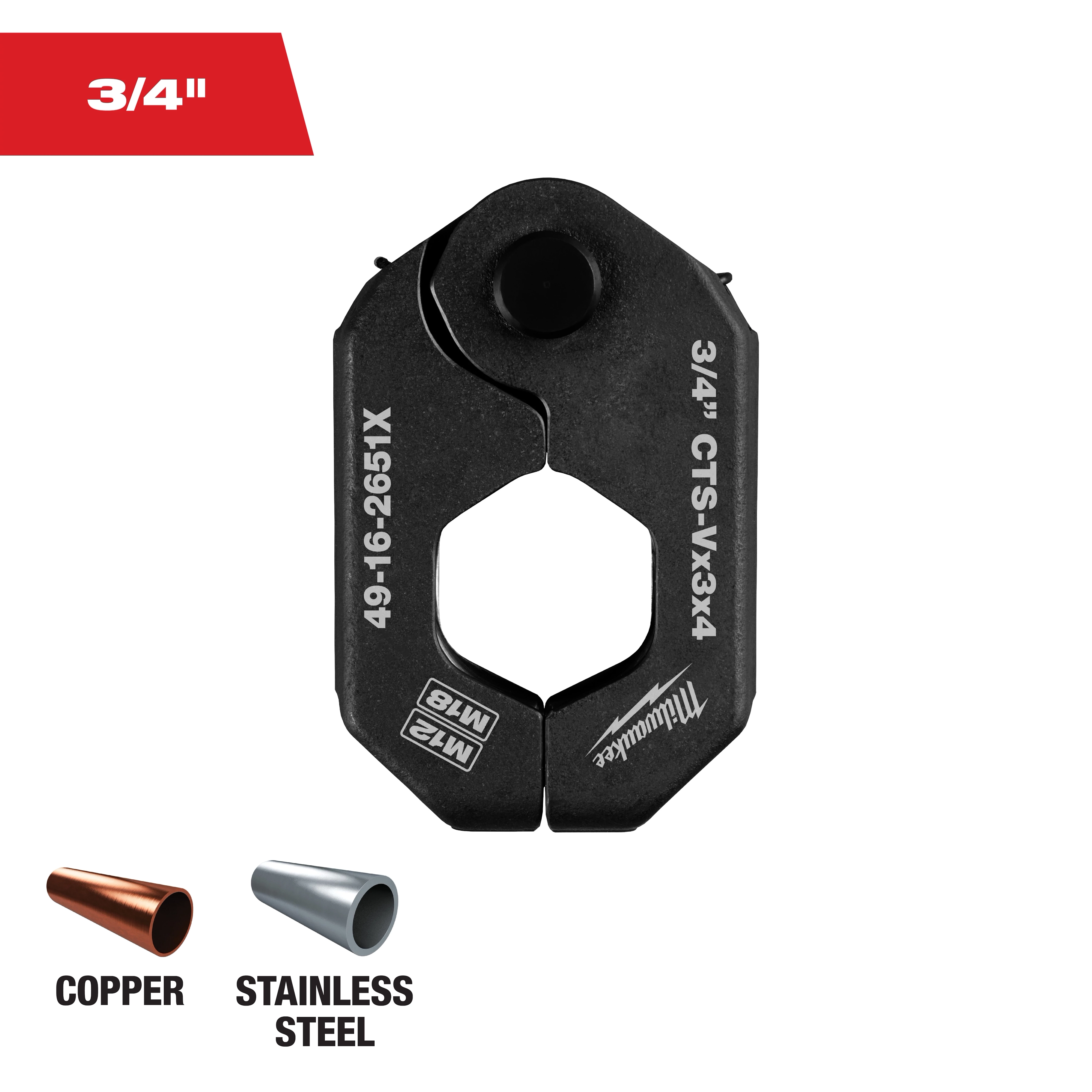 This image shows a Milwaukee 3/4-inch CTS-VX3.4 pipe cutter attachment, model 49-16-2651X, designed for copper and stainless steel pipes. The cutter is black with Milwaukee branding, and two pipe icons indicate its compatibility with copper and stainless steel materials.
