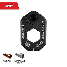 This image shows a Milwaukee 3/4-inch CTS-VX3.4 pipe cutter attachment, model 49-16-2651X, designed for copper and stainless steel pipes. The cutter is black with Milwaukee branding, and two pipe icons indicate its compatibility with copper and stainless steel materials.