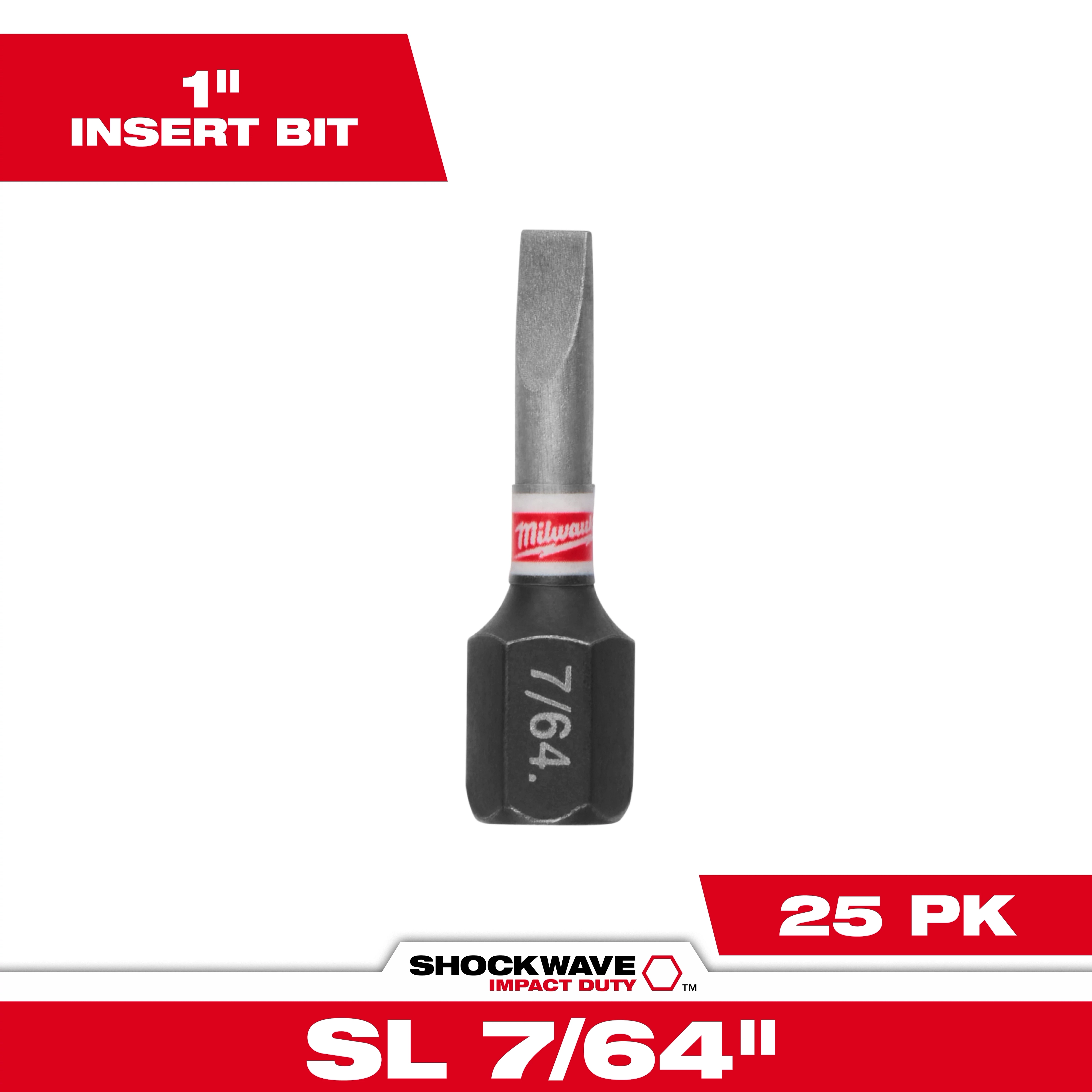 Image of a SHOCKWAVE™ 1" Impact Duty Slotted 7/64" Insert Bit. The bit has a red and white label with "Milwaukee" branding and "7/64" etched on it. The corners display "1" Insert Bit" and "25 PK."