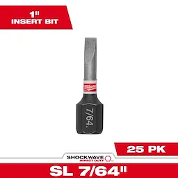 Image of a SHOCKWAVE™ 1" Impact Duty Slotted 7/64" Insert Bit. The bit has a red and white label with "Milwaukee" branding and "7/64" etched on it. The corners display "1" Insert Bit" and "25 PK."
