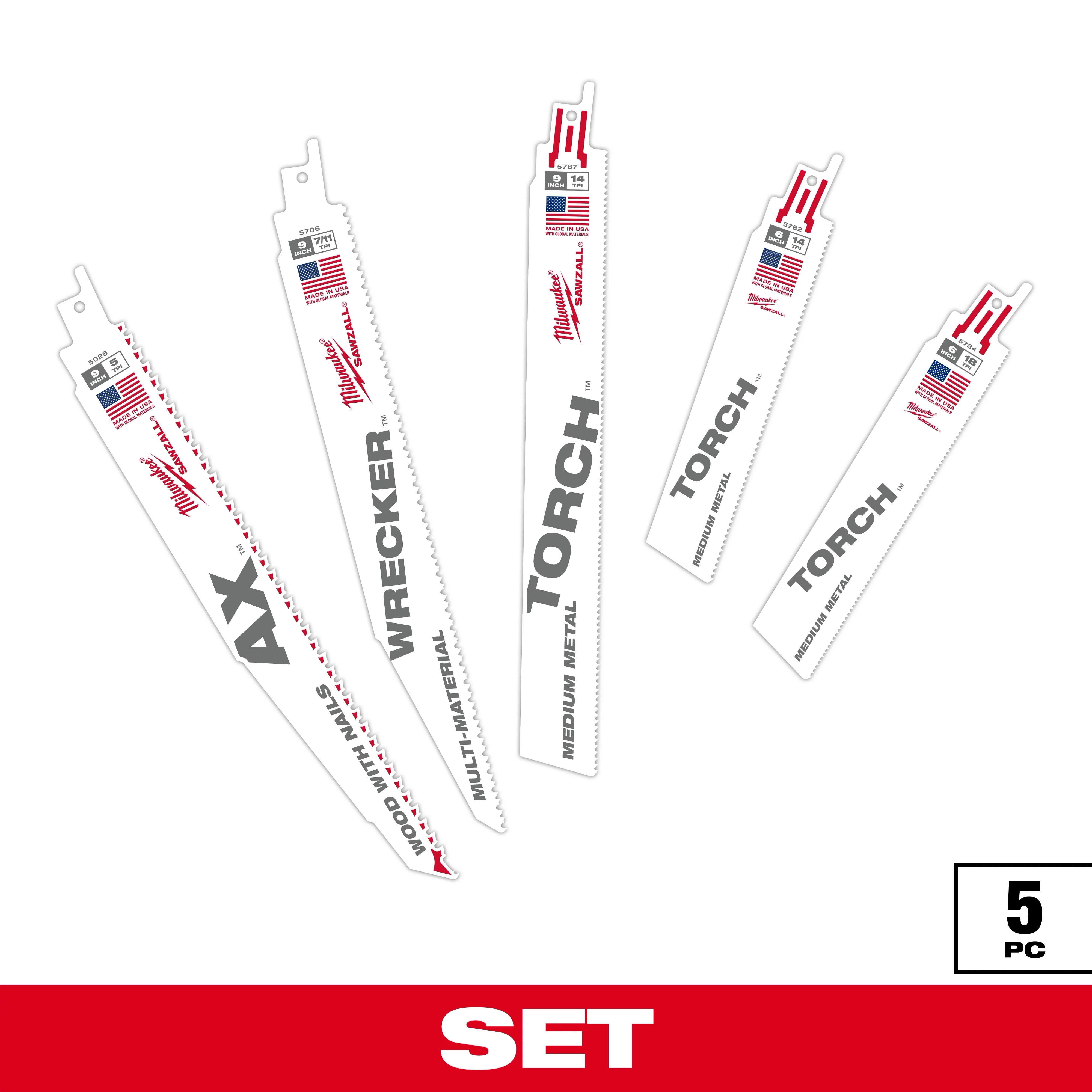 Milwaukee Sawzall Blade Set includes five pieces: AX for wood with nails, Wrecker for multi-materials, and three Torch blades for cutting metal. Each blade is white with red and black text, and features U.S. flag and quality symbols.