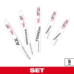 Milwaukee Sawzall Blade Set includes five pieces: AX for wood with nails, Wrecker for multi-materials, and three Torch blades for cutting metal. Each blade is white with red and black text, and features U.S. flag and quality symbols.