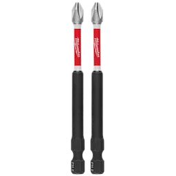 The image shows two SHOCKWAVE™ Impact Duty 3-1/2" PH2 Bits (2 PK). The bits have black lower portions, red middle sections with the Milwaukee logo, and metal Phillips heads.