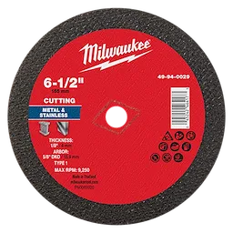 6-1/2" x 1/8" x 5/8" DKO Metal Cut Off Wheel - Type 1. Red circular disc for cutting metal and stainless, marked 6-1/2-inch.