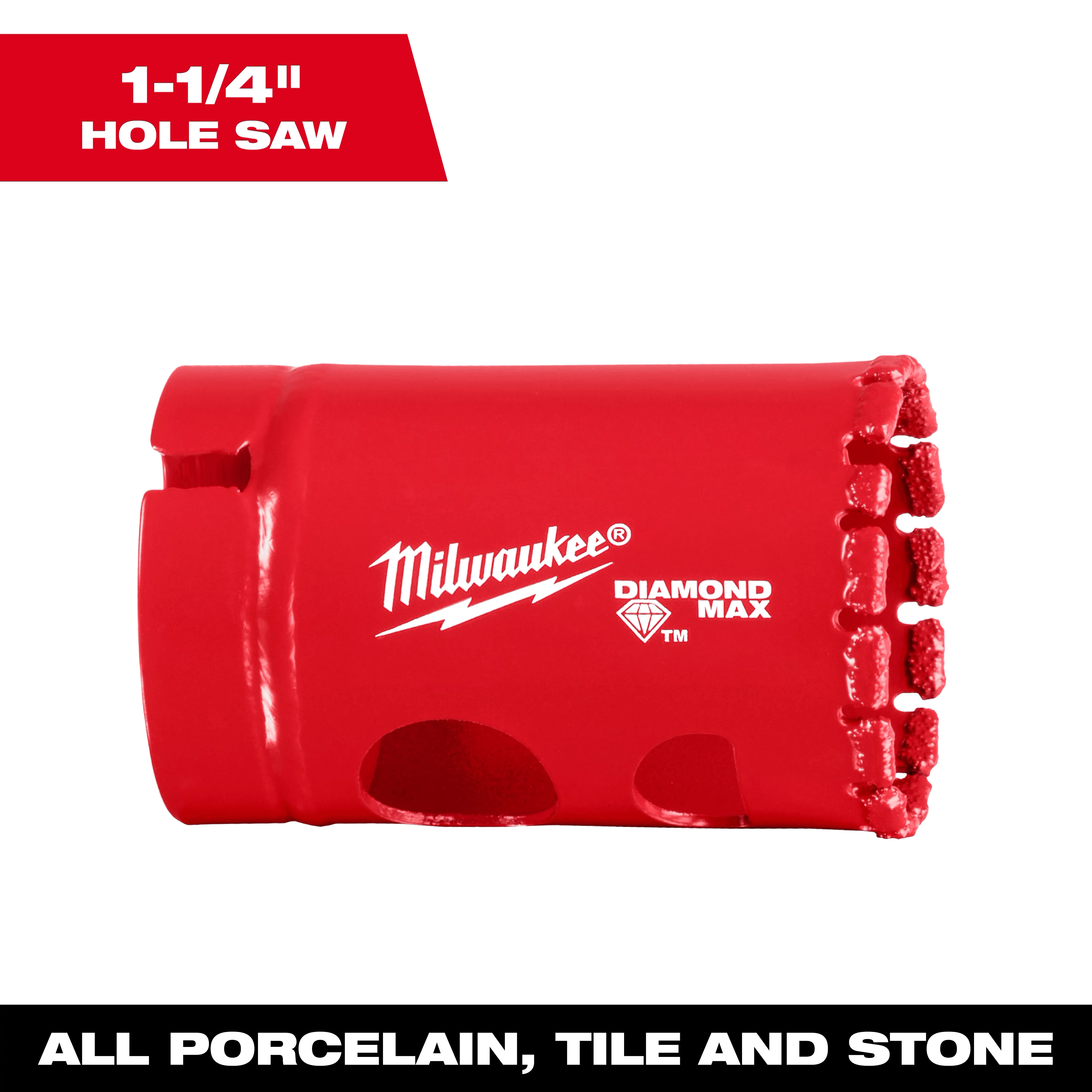 Milwaukee 1-1/4" Diamond Max Hole Saw in red, suitable for cutting porcelain, tile, and stone materials.