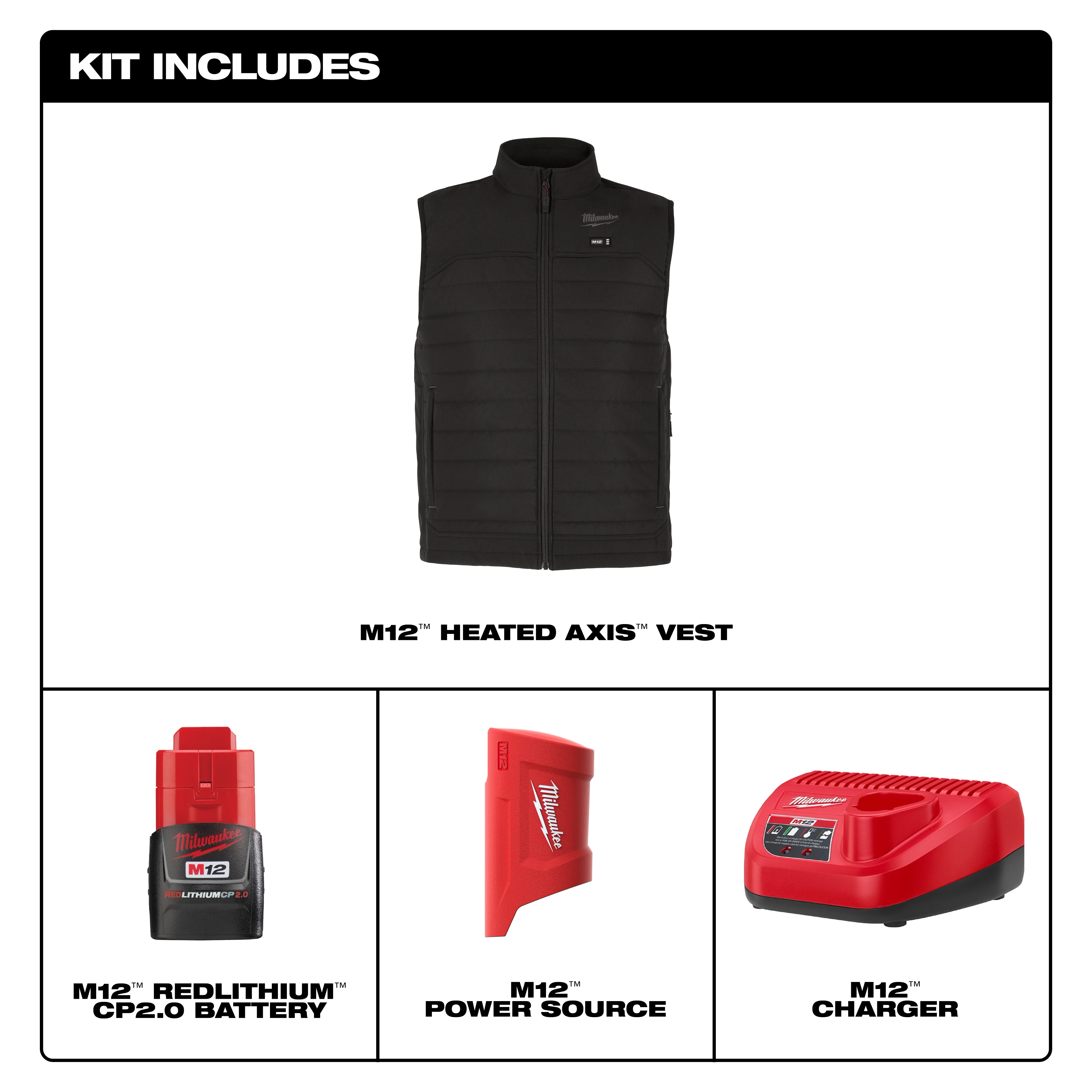 Product includes M12 Heated AXIS Jacket, M12 RedLithium CP2.0 battery, M12 power source, and M12 charger. Jacket shown in black.
