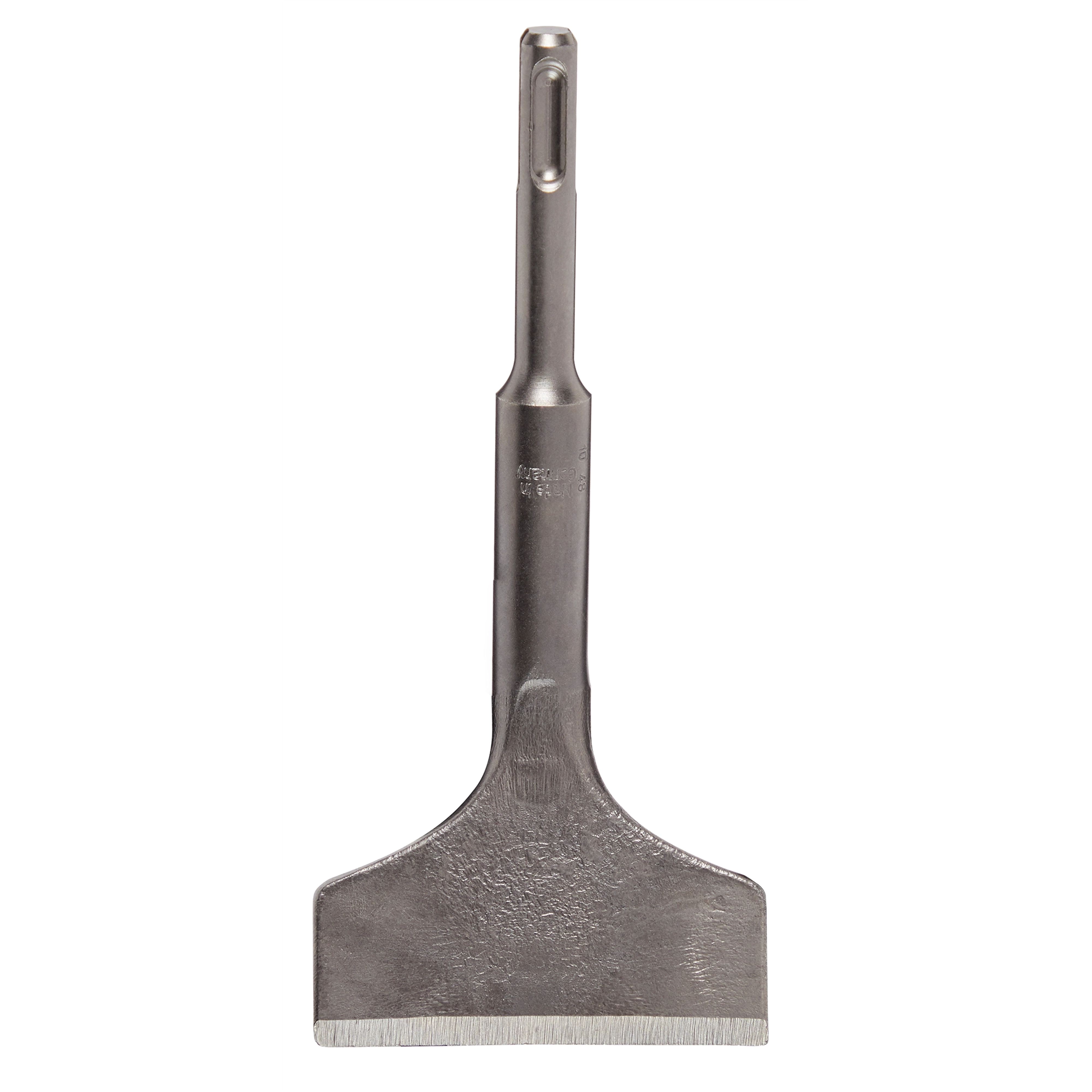 SDS Plus Tile Chisel 3" x 6-1/2" is a silver-colored, broad flat chisel attachment featuring a cylindrical shank with a slot.