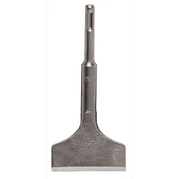 SDS Plus Tile Chisel 3" x 6-1/2" is a silver-colored, broad flat chisel attachment featuring a cylindrical shank with a slot.