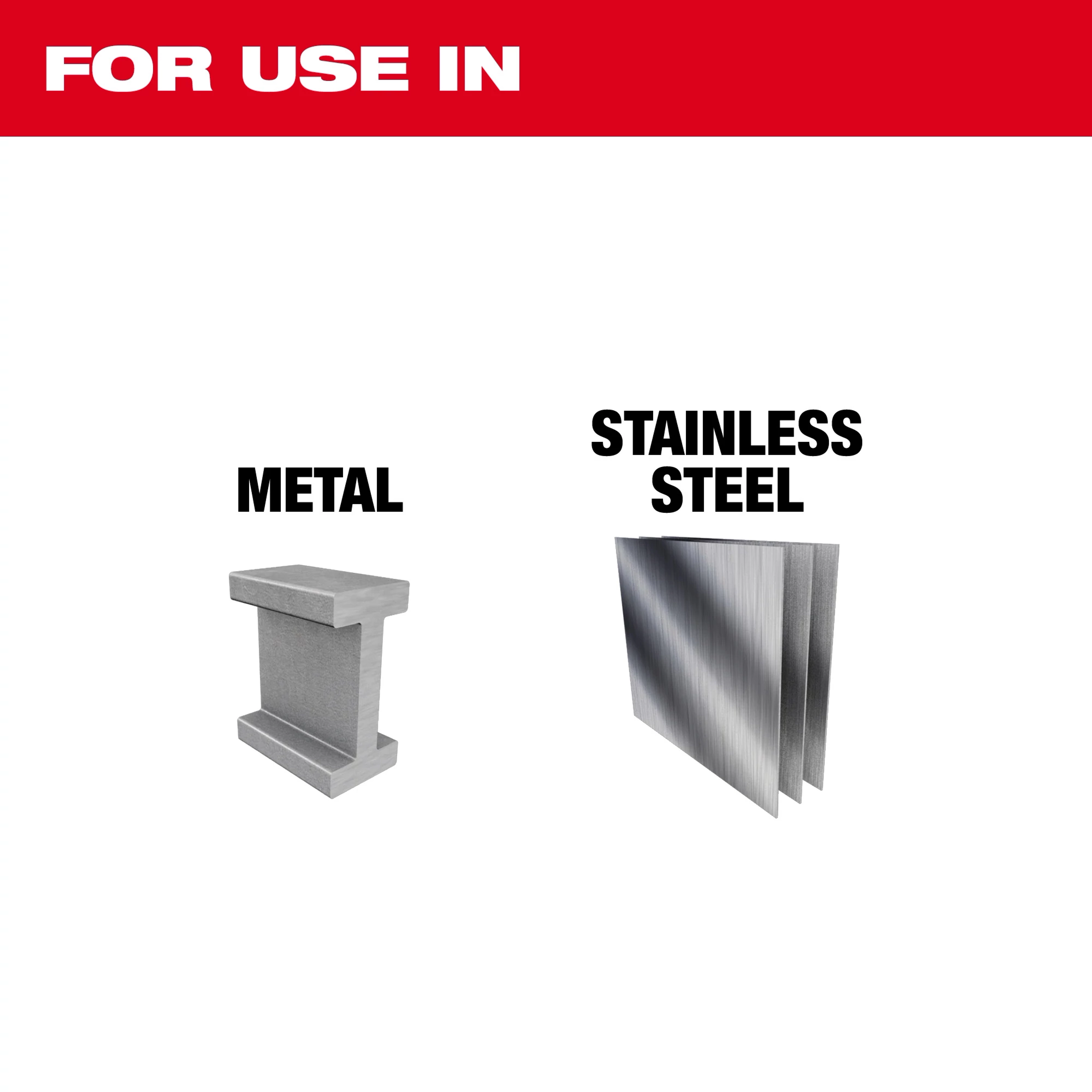 For Use In Metal and Stainless Steel; shows applications for a structural metal beam and stainless steel sheets.