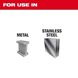 For Use In Metal and Stainless Steel; shows applications for a structural metal beam and stainless steel sheets.
