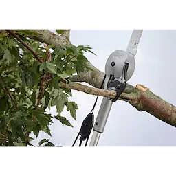A 16' Pole Saw & Pruner is being used to trim branches off a tree. The image shows the saw blade cutting a thick branch among green leaves, highlighting the tool's extension capabilities.