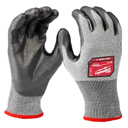 Cut Level 5 High Dexterity Polyurethane Dipped Gloves - L, gray with black palms, red label on wrist, offer enhanced cut resistance.