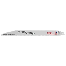 The WRECKER™ Multi-Material SAWZALL® Blade is 12 inches long, with 7/11 TPI. The blade's package contains 5 pieces. It features a gray body with black text and a red logo, suitable for cutting through various materials.
