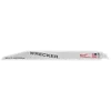 The WRECKER™ Multi-Material SAWZALL® Blade is 12 inches long, with 7/11 TPI. The blade's package contains 5 pieces. It features a gray body with black text and a red logo, suitable for cutting through various materials.