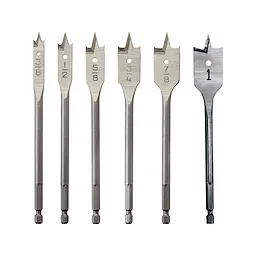 DEWALT DW1587 6-Piece Spade Drill Bit Set features flat, paddle-like bits with sharp points. The set includes bits in sizes 3/8", 1/2", 5/8", 3/4", 7/8", and 1".