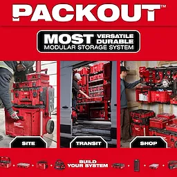 PACKOUT™ Site Transit Shop modular storage system showcases versatile, durable storage solutions for work sites, transit, and shops. The image displays stacked red toolboxes used in different settings, emphasizing customization and organization.