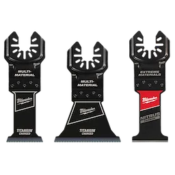 MILWAUKEE® OPEN-LOK™ Multi-Material Multi-Tool Blade Variety Pack 3PC includes three black cutting blades, each labeled for multi-material and extreme materials, with Milwaukee branding. The blades are titanium charged and nitrous carbide variants, suitable for different applications.