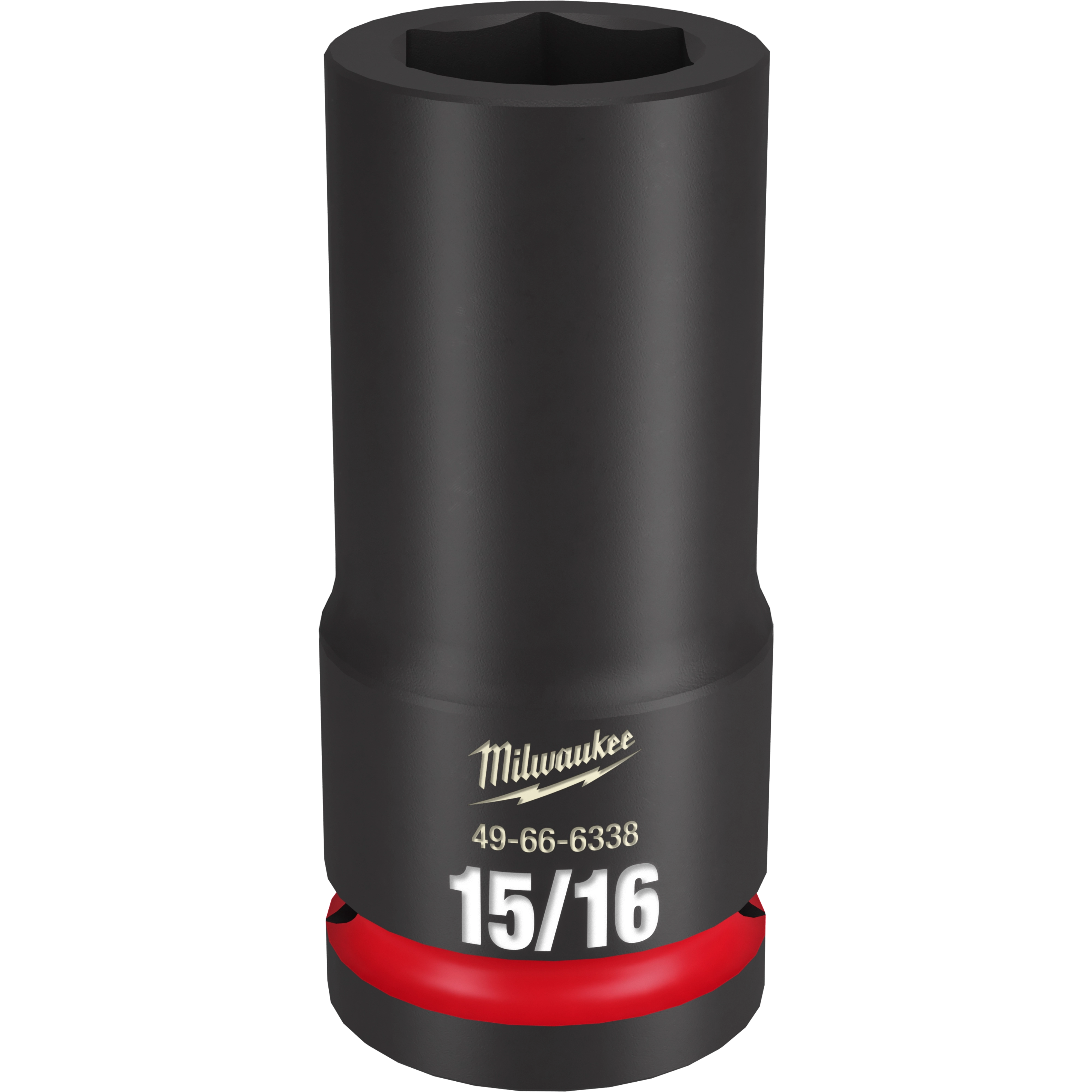 Milwaukee 3/4 DR 15/16 Deep Impact Socket is a black, cylindrical tool with a red band near the base. The socket size "15/16" is printed in white, along with the model number "49-66-6338" and the brand name "Milwaukee."