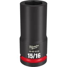 Milwaukee 3/4 DR 15/16 Deep Impact Socket is a black, cylindrical tool with a red band near the base. The socket size "15/16" is printed in white, along with the model number "49-66-6338" and the brand name "Milwaukee."