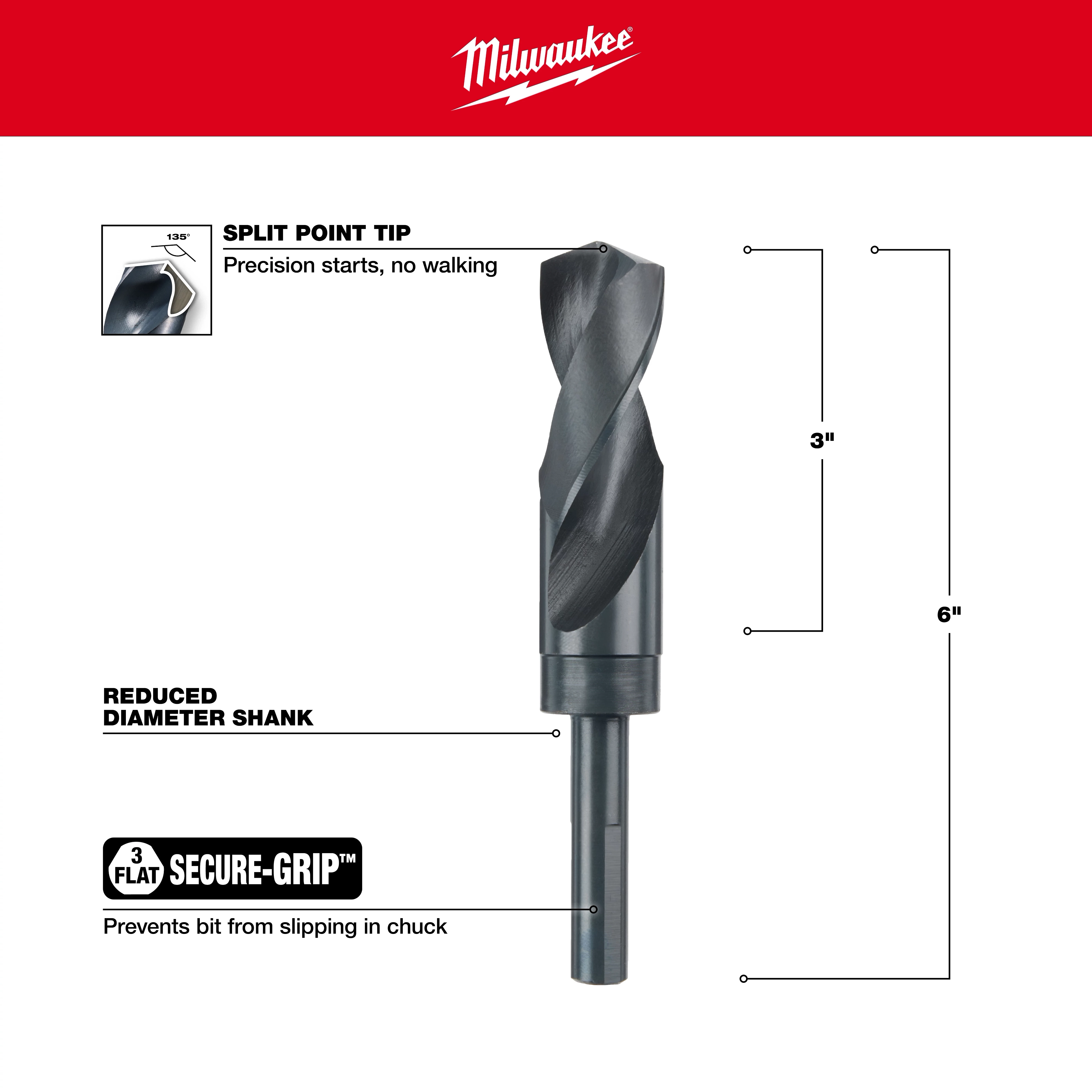 Milwaukee 48-89-2755 Walkaround drill bit with split point tip for precision, reduced diameter shank, and secure-grip to prevent slipping.