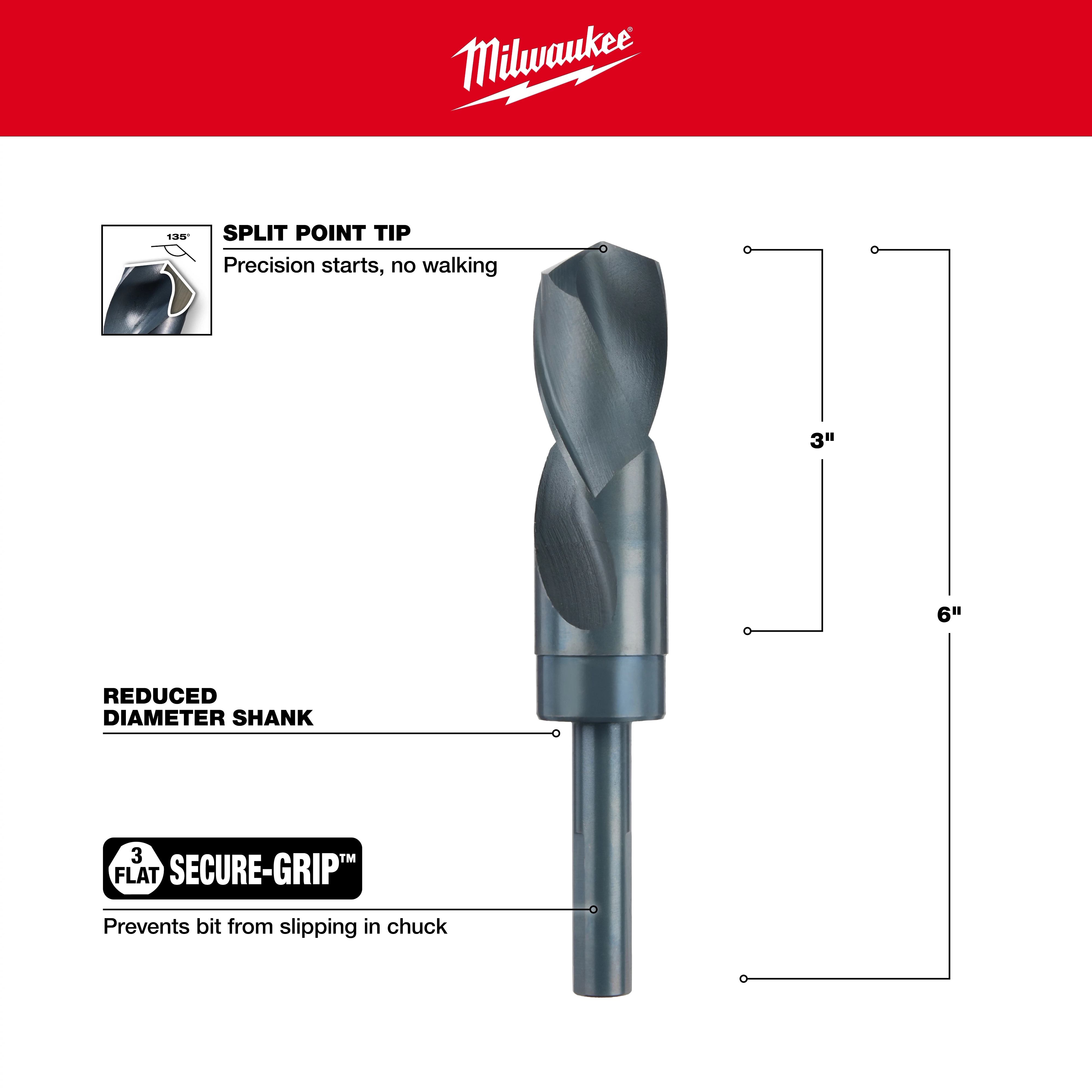 Milwaukee 48-89-2756 Walkaround drill bit with a split point tip for precision, reduced diameter shank, and secure-grip feature.