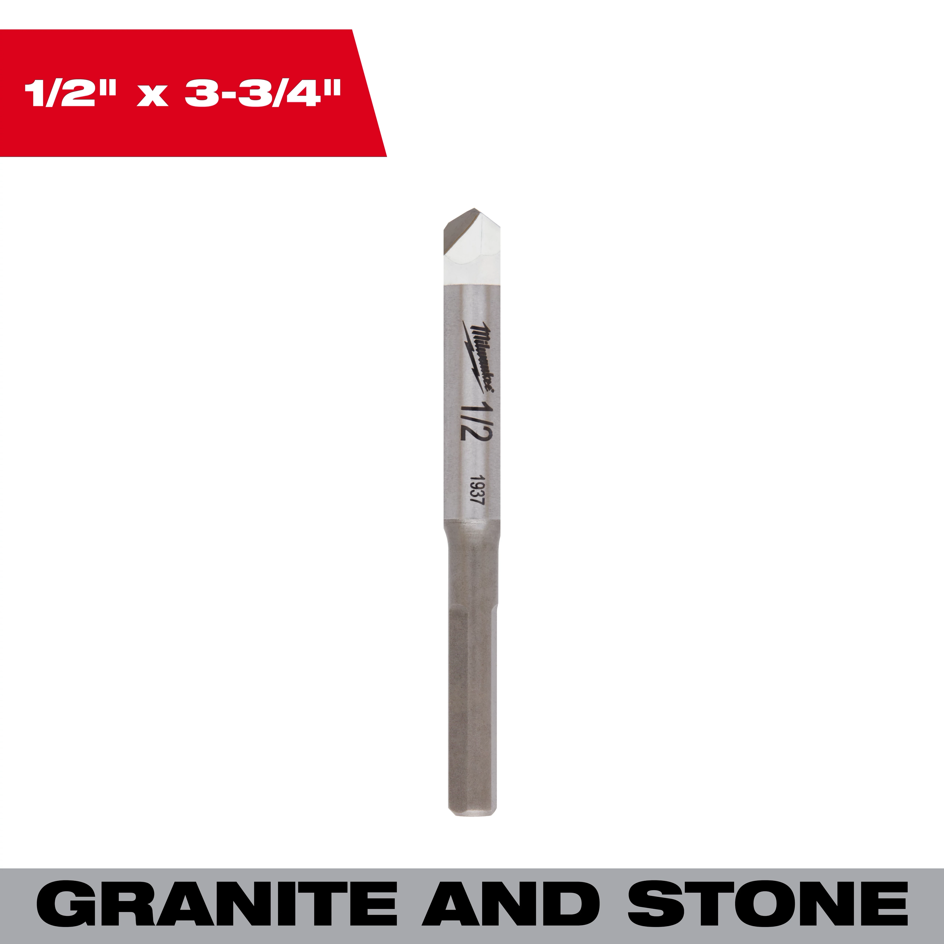 1/2" Granite and Stone Bit standing upright on a plain background with size text above and granite and stone label below.