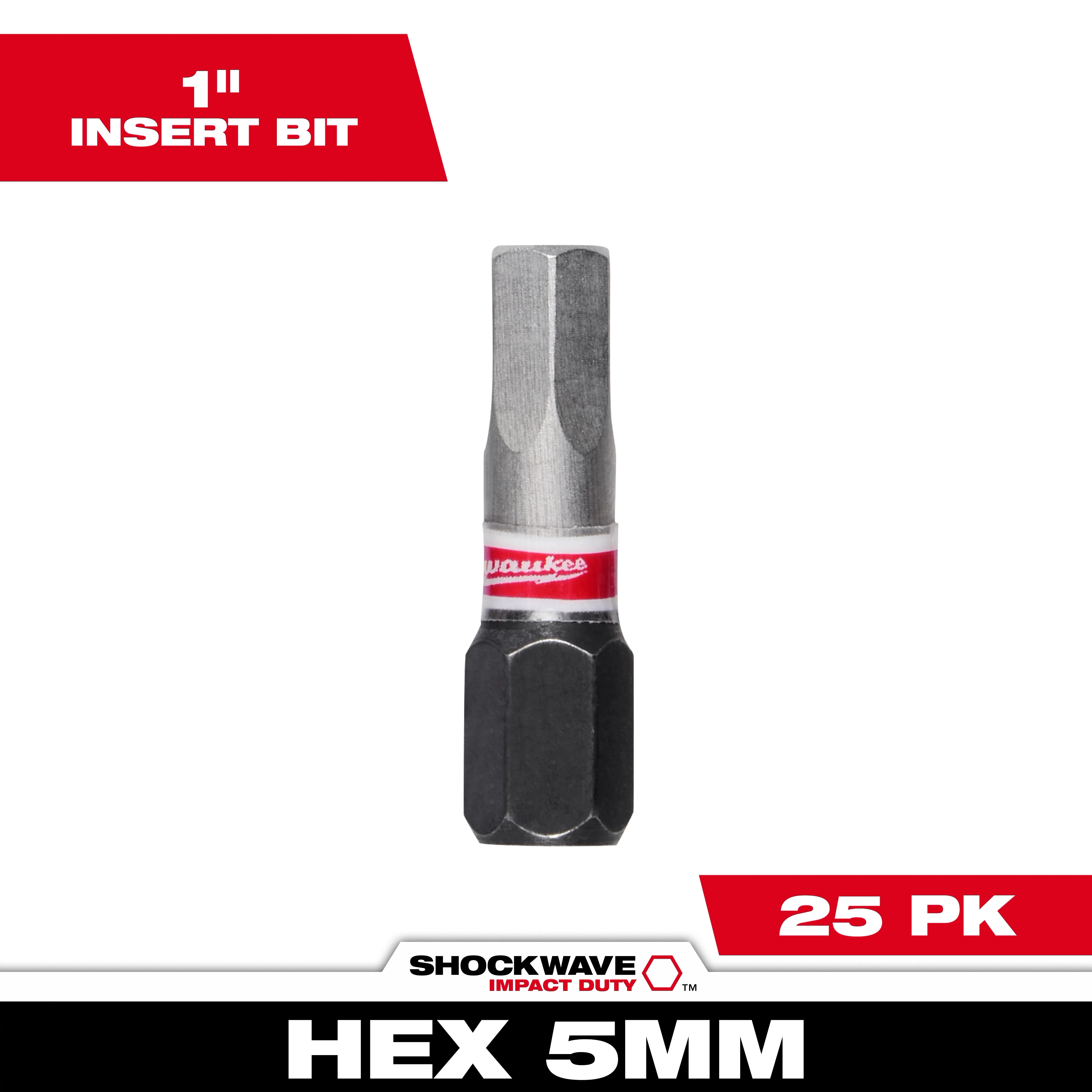 The image shows a single SHOCKWAVE™ Impact Duty 1" Hex 5 MM Insert Bit with a red and white label. It is part of a bulk pack of 25 bits. Text overlays display "1" Insert Bit" at the top and "25 PK" at the bottom right.