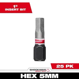 The image shows a single SHOCKWAVE™ Impact Duty 1" Hex 5 MM Insert Bit with a red and white label. It is part of a bulk pack of 25 bits. Text overlays display "1" Insert Bit" at the top and "25 PK" at the bottom right.
