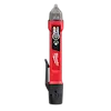 Milwaukee voltage detector pen features a red body with buttons labeled "Mode" and "Light" and a black clip on the side.