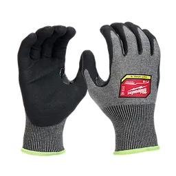 Cut Level 9 High-Dexterity Nitrile Dipped Gloves - S, featuring black palms, gray back, and green-trimmed cuffs.