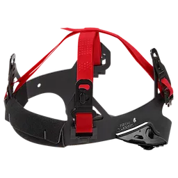 The 4-Point Ratcheting Suspension features a red adjustable strap system with black cushioned support and ratcheting mechanism. It provides enhanced comfort and secure fit for hard hats.