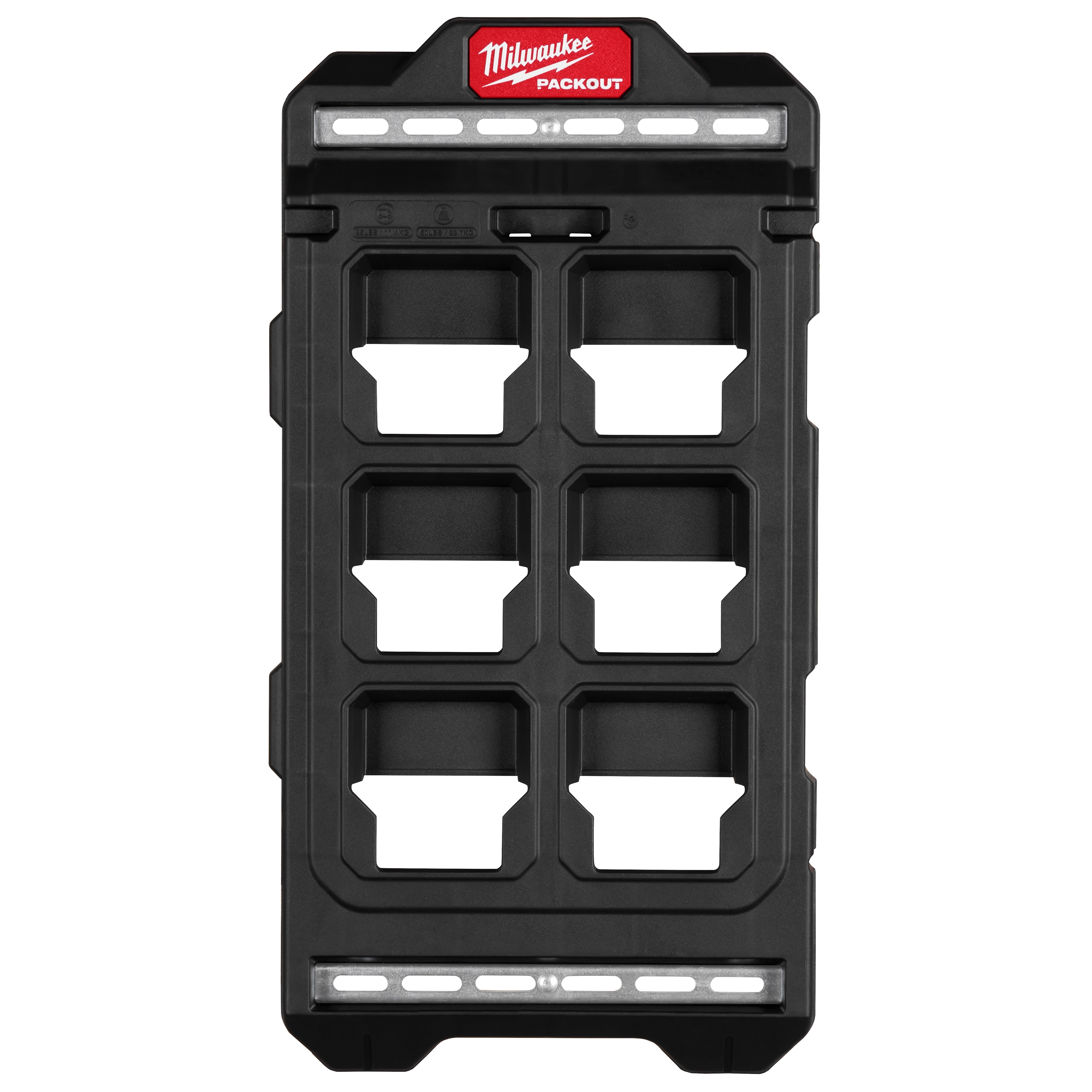 Milwaukee PACKOUT Compact Wall Plate, a black rectangular mounting plate with six slots for modular storage system components.