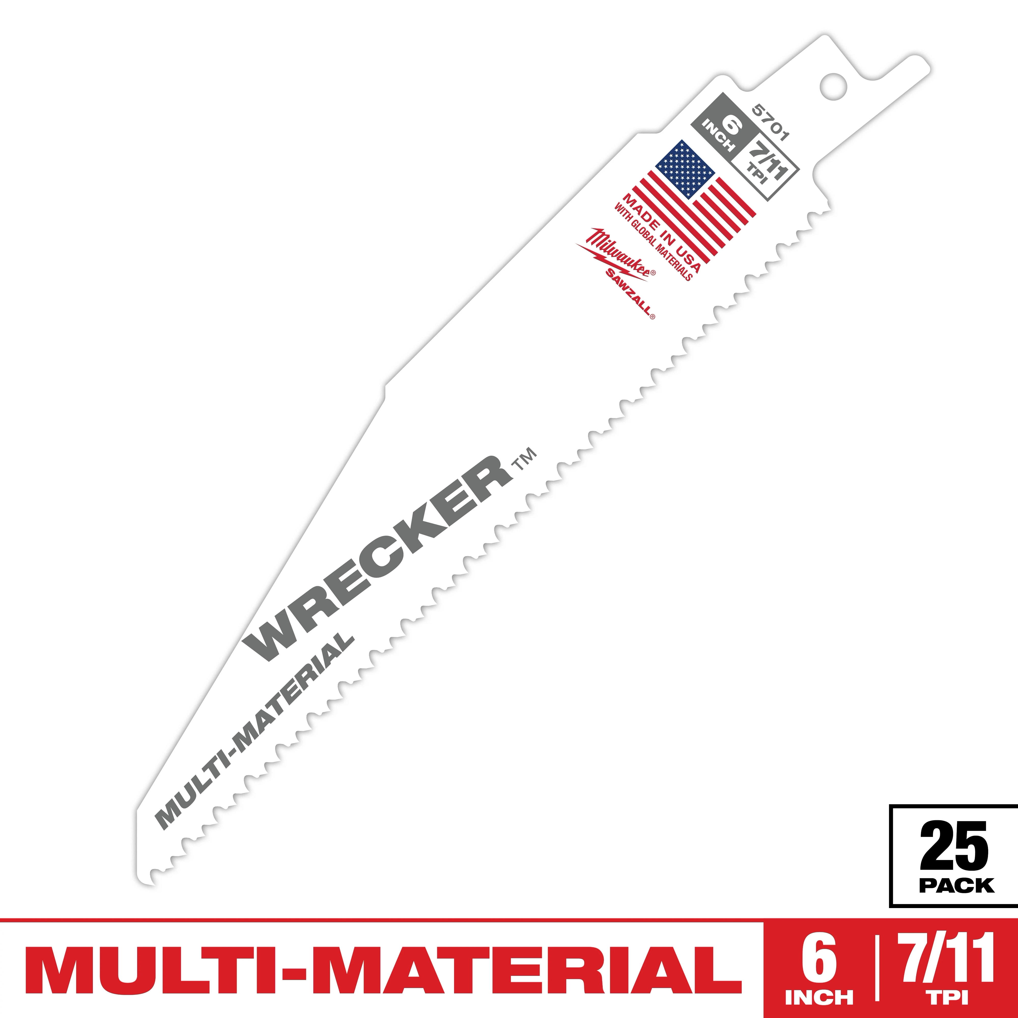 The product is a Sawzall Bi-Metal Carbide Primary Images blade. It features "WRECKER" branding, is 6 inches long, has 7/11 teeth per inch, supports multi-material cutting, and is made in the USA. The pack contains 25 blades. The blade is made by Milwaukee Tool.